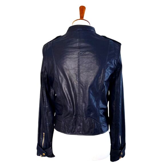 Kookai Paris Genuine Leather Biker Jacket Navy Blue Size 38 New With Tags - Picture 7 of 10
